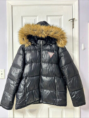 GUESS Black Men’s Puffer Jacket with removable hood XL Like New